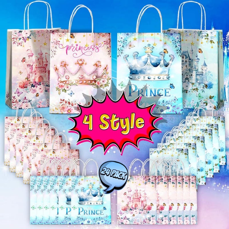 JOYGATHER 24 Pcs Princess Prince Party Favor Bags with Handles - Prince Princess Castle Goodie Gift Candy Treat Paper Bags for Birthday Gender Reveal Baby Shower Party - Image 2